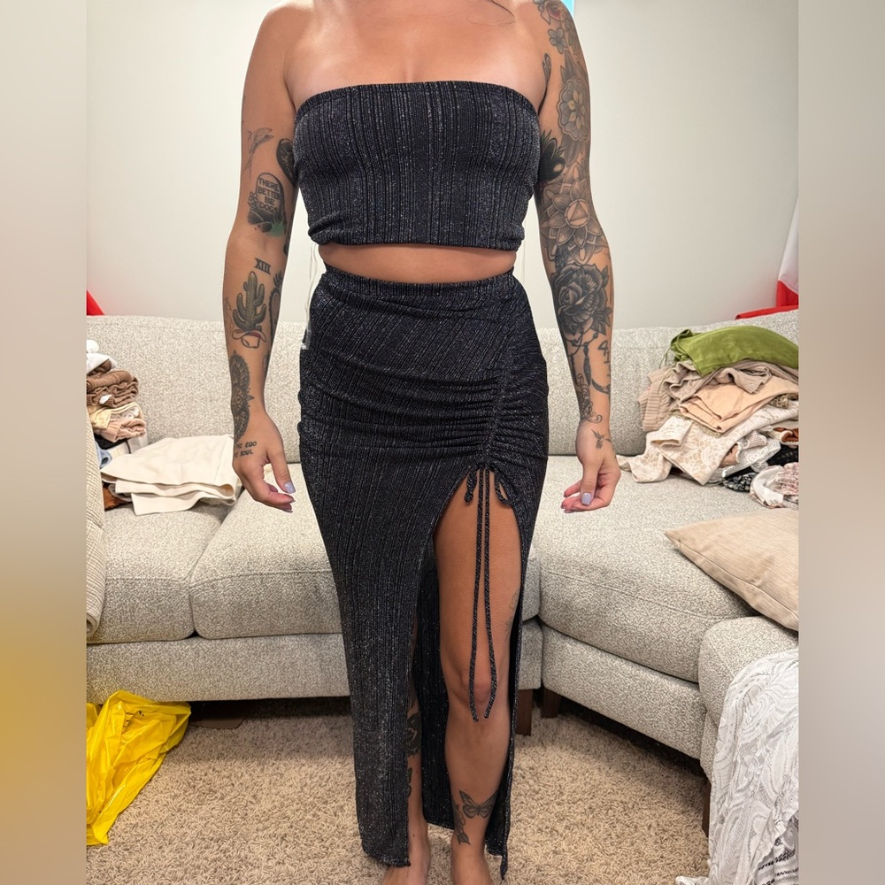 Chic Black Two Piece Set Maxi Skirt with Ruched Detail